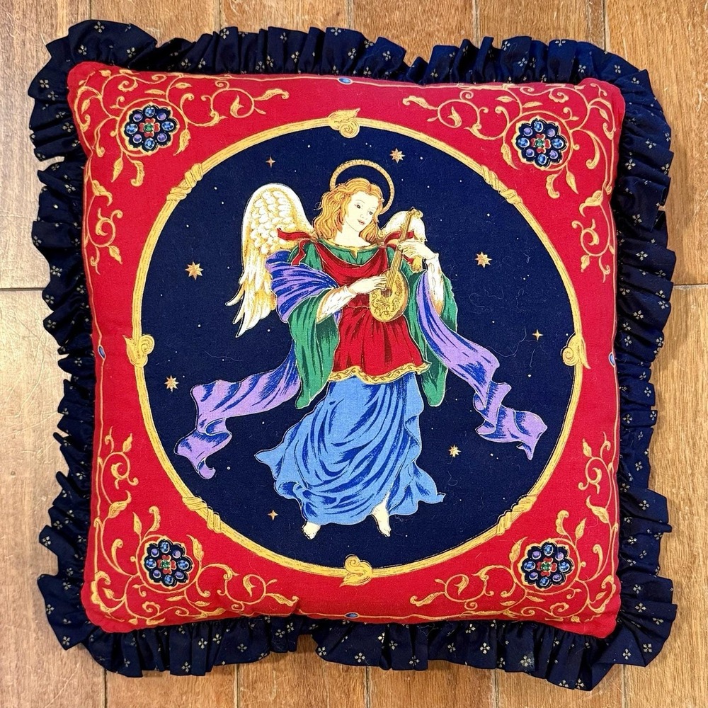 VTG Handmade Cranston Double Sided Angel Ruffle Pillow 15x15"‎ Lute Stars Wings